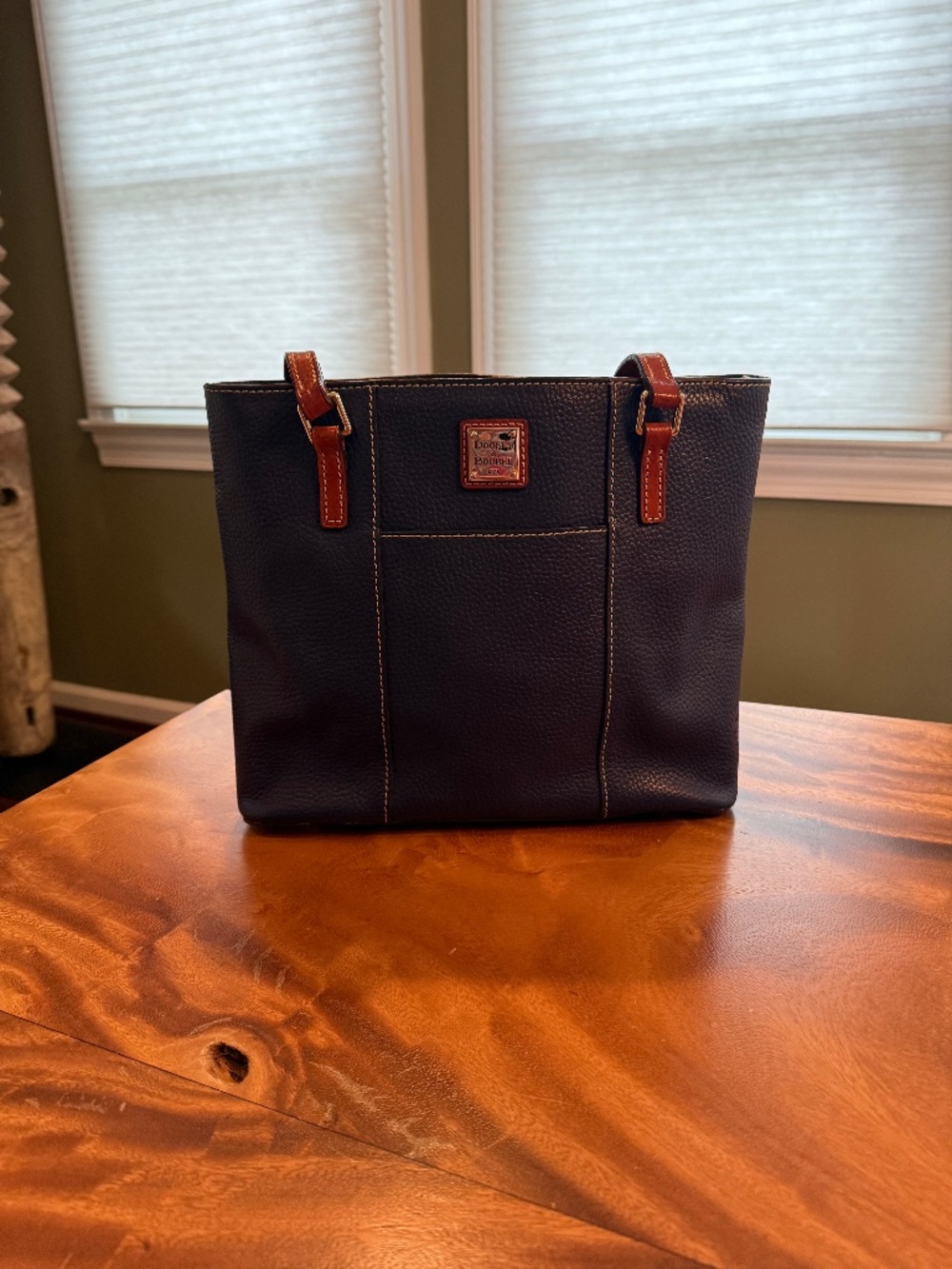 Dooney & Bourke Blue Pebbled Leather Shopper Tote British Tan Trim Red Lining
